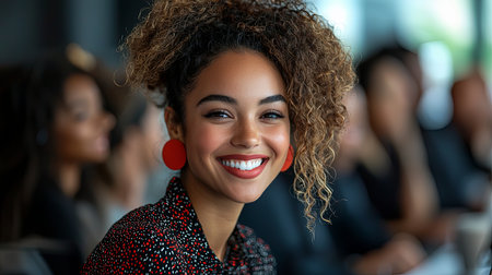 A cheerful and confident woman smiles while attending a business meeting in a professional setting, creating a welcoming and positive atmosphere with her vibrant demeanor.の素材