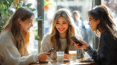 A warm, lively moment capturing three friends enjoying coffee and each otherâs company in a cafe. The atmosphere highlights friendship and joy, with sunlight enhancing the cozy setting.の素材