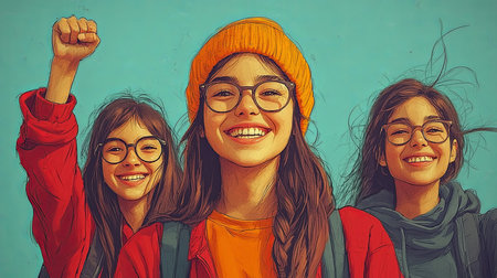 Three smiling individuals express joy and determination, embodying the spirit of activism and togetherness on a clear day.の素材