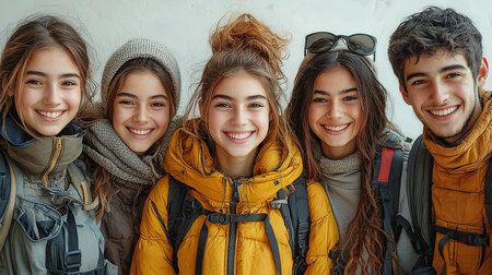 Five cheerful teenagers in winter gear smiling at the camera, ready for hiking. Their warm clothing and backpacks suggest they are prepared for outdoor exploration in cold weather, highlighting camaraderie and adventure.の素材