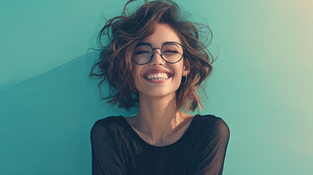 A happy woman with short hair and glasses smiling joyfully in front of a vibrant background. Her genuine smile and confident posture exude positivity and carefree happiness.の素材