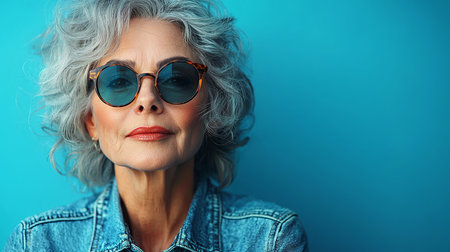 Confident senior woman wearing modern sunglasses and casual denim jacket posing outdoors. Vibrant turquoise backdrop adds a contemporary look. Represents individuality, style, empowerment, and timeless fashion choices.の素材