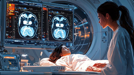 A healthcare professional standing beside a patient undergoing a detailed radiology imaging procedure. The room features advanced medical equipment highlighting a clinical and scientific environment focused on health diagnostics and treatment.の素材