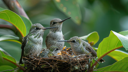 A female hummingbird nurturing her chicks in a nest, surrounded by green tropical foliage, depicting a serene and vibrant moment in nature, emphasizing themes of togetherness, maternal care, and wildlife.の素材