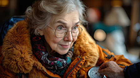 Charming senior woman with grey hair and glasses, wearing a winter coat, photographed indoors with a warm, joyful expression. Captures calmness and beauty of aging in a well-lit and friendly environment.の素材