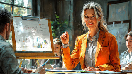 A professional woman wearing an orange blazer delivers a presentation using visual aids to colleagues at a workplace meeting. The atmosphere emphasizes collaboration, communication, and strategic planning for business success.の素材