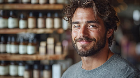 Portrait of a cheerful man in casual attire standing indoors near neatly organized product shelves, showcasing a bright and content expression.の素材