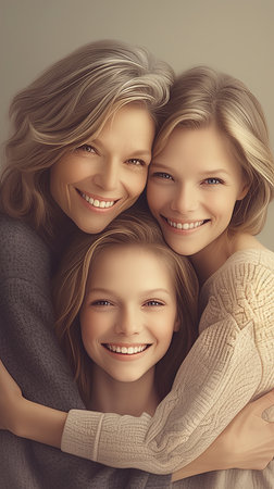 Three women from different generations smile warmly while sharing an affectionate embrace. Highlights themes of family bond, love, togetherness, and generational connection, featuring a grandmother, mother, and daughter trio.の素材