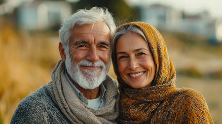 Happy elderly couple wearing cozy scarves and smiling warmly while enjoying a tranquil outdoor environment, expressing love and companionship, dressed in natural tones with a scenic background.の素材