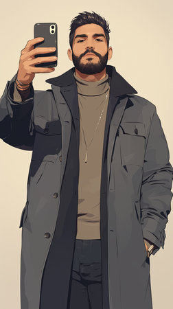 Portrait of a confident man with a beard wearing a grey coat, capturing a selfie showcasing a stylish urban look.の素材