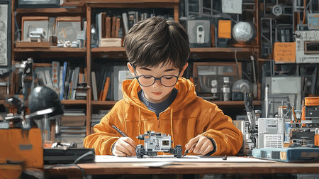 A young boy in a workshop concentrates on constructing a robotic model, wearing a hoodie. The environment features various tools and books, evoking creativity, learning, and technological curiosity.の素材