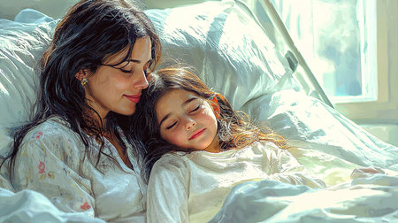 A serene moment between a mother and her young child, resting together in a sunlit room, evoking feelings of love, care, and tranquility. Captures the beauty and warmth of familial bonds.の素材