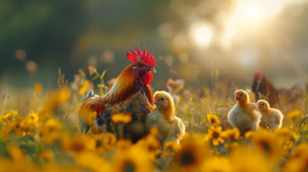 A vibrant rooster with playful chicks in a field of bright yellow flowers, bathed in warm sunlight during a serene morning.の素材
