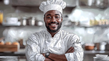 Professional chef smiling confidently in a restaurant kitchen, standing with arms crossed. Wearing a classic white chef uniform, this setting emphasizes culinary expertise, creative cooking, and fine dining ambiance.の素材