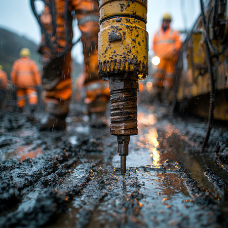 Focused view of a drilling machine in operation on a rainy ground, highlighting construction activity and the work environment. Workers and machinery form part of the busy site in the background.の素材