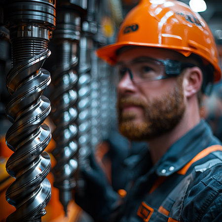 Focused worker in safety gear examining intricate metal parts in a modern factory setting. The image portrays industrial expertise, advanced engineering, and professional dedication in a high-tech manufacturing environment.の素材