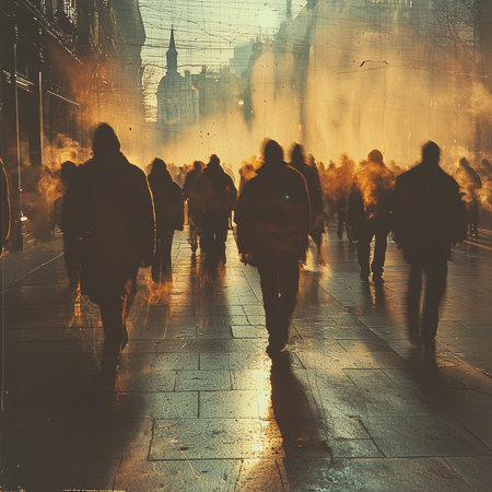 A dynamic scene of silhouetted figures walking through a foggy urban street illuminated by sunlight, creating a mysterious and atmospheric mood in the bustling city environment.の素材