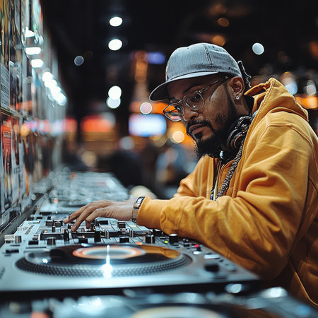 A DJ wearing glasses and a hoodie working on a turntable in a music studio, showcasing talent and passion for music mixing while using vintage audio equipment under atmospheric lighting.の素材