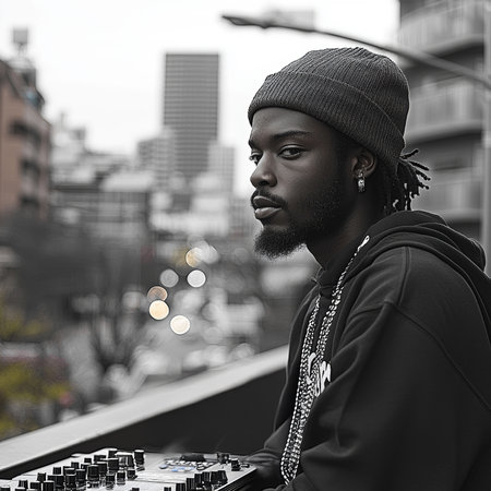 A stylish individual with audio equipment in an urban setting, emphasizing musical creativity and street culture.の素材