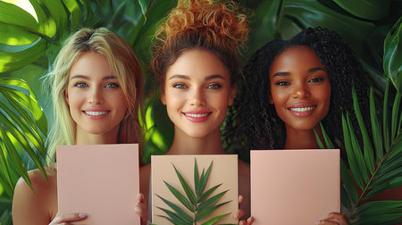 Three diverse women smiling with tropical leaves in a vibrant green environment. They hold plant-themed boards symbolizing nature-inspired beauty, promoting diversity, unity, and fresh, natural themes.の素材