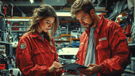 Male and female mechanics in red uniforms discuss a project with a tablet in hand inside an organized and illuminated garage environment, portraying teamwork and technical expertise in automotive repair.の素材