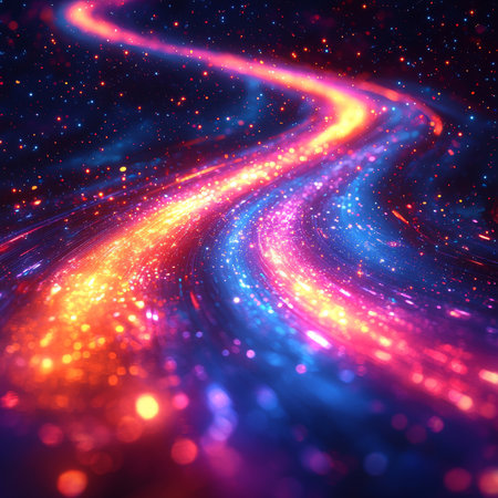 Colorful streaks of dynamic light create a flowing path in a cosmic, abstract background with vibrant hues of orange, pink, and blue, emphasizing movement, energy, and creative expression in a surreal setting.の素材