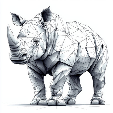 Abstract vector artwork depicting a rhinoceros created with sharp geometric polygon shapes. Modern and striking, the design emphasizes symmetry and creative form representation, making it perfect for artistic and design purposes.の素材