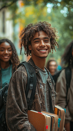 Portrait of a cheerful student on campus accompanied by friends, carrying books and enjoying a vibrant academic atmosphere. The outdoor environment enhances the feeling of learning, community, and youthful enthusiasm.の素材