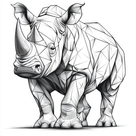 Artistic line art interpretation of a rhinoceros, showcasing polygonal features and geometric shapes, highlighted in black and white.の素材