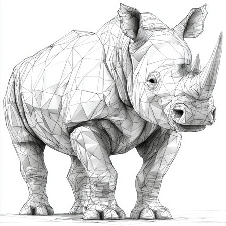 An artistic vector illustration of a rhinoceros designed as a polygonal shape, capturing its essence with angular yet fluid geometrical lines set against a simple white backdrop.の素材