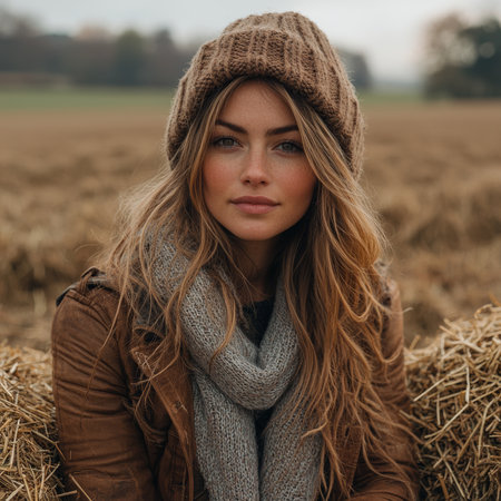 A young woman with long hair sits outdoors on hay, wearing cozy autumn attire. Captured in a natural setting during fall, the image exudes warmth, tranquility, and a rustic ambiance.の素材