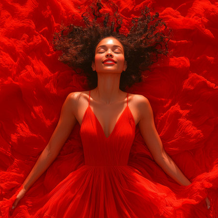 A beautiful woman reclines in a flowing bright red dress, exuding elegance and joy. Her confident demeanor and the vibrant color palette emphasize beauty, passion, and strength in this artistic portrait.の素材