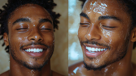 Portrait of a young man with radiant skin wet after refreshing application, expressing happiness and vitality, while smiling with closed eyes. This image conveys wellness, beauty, hydration, and positivity.の素材