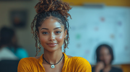 A young woman exudes confidence in an office while a colleague works in the background, featuring vibrant colors and a professional yet approachable atmosphere, ideal for depicting leadership, development, or corporate settings.の素材