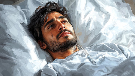 The image depicts a reflective individual reclining in a hospital bed, showcasing serenity and contemplation while undergoing care. The overall mood is one of solemn introspection and profound thoughtfulness.の素材