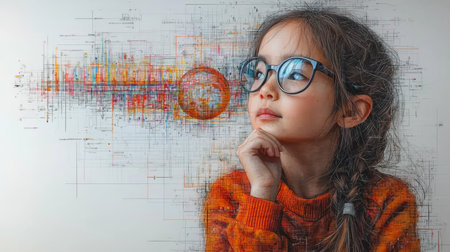 A young girl wearing glasses is deep in thought, with an artistic science-inspired digital visual background.の素材