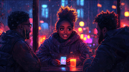 A group of friends sitting at a cozy cafe during nighttime, chatting and laughing under soft, colorful lighting. A candle adds warmth, creating a comforting and inviting ambiance.の素材