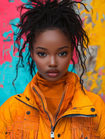A portrait of a fashionable young woman in bright orange clothing, posed confidently against a vibrant, colorful graffiti-like urban backdrop. Her composed expression exudes modern style and individuality.の素材