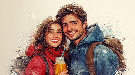 A bright and uplifting illustration of a couple enjoying their day outdoors, radiating happiness.の素材