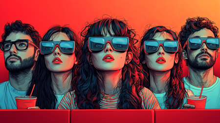 A group of young adults wearing 3D glasses, engaged in a vibrant cinema experience, illuminated by artistic lighting. Captures the excitement and shared joy of watching a movie together.の素材