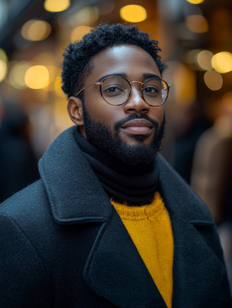 Young man wearing a coat and glasses, holding shopping bags, standing in an outdoor setting enjoying shopping. Stylish fashion and urban lifestyle concept portrayed in this image.の素材