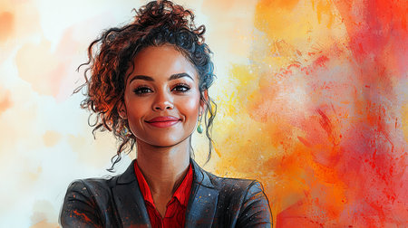 A confident business professional, dressed formally, smiling, with vibrant abstract colors as a background, representing empowerment and creativity in modern business themes.の素材