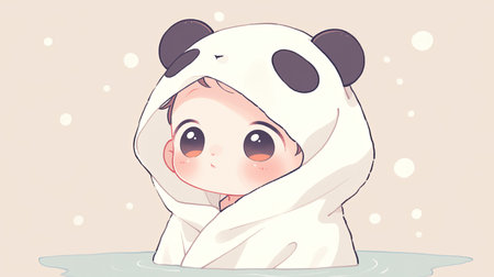 A cute illustration of a small child wrapped in a panda-themed hooded towel, sitting in water with a warm and cheerful atmosphere. Ideal for concepts of innocence, happiness, and childhood.の素材