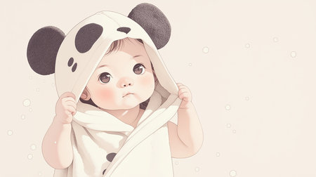 A charming baby wrapped in a panda-themed hooded towel, showcasing their adorable expression.の素材