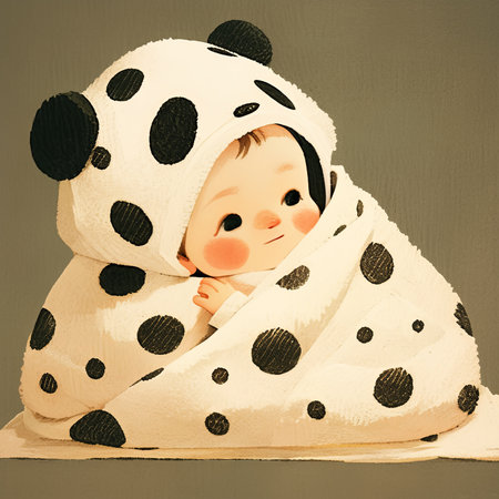 Cute baby wrapped in a soft panda-patterned blanket, showcasing warmth and innocence. The painting highlights youthful charm, gentle colors, and an endearing expression perfect for themes of cuteness and comfort.の素材