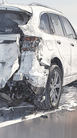 A white SUV sustaining severe damage to its rear is examined by a person in a hooded jacket standing nearby along a sunny road.の素材