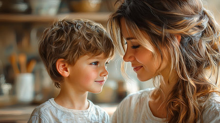 A heartwarming portrait of a young mother and her son engaging in a tender moment in a warmly lit domestic setting, conveying love, connection, and the bond of family in a peaceful home environment.の素材