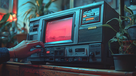 A classic VHS player shown close-up with buttons and controls, set on a wooden surface. A hand interacts with the player, evoking nostalgia and offerings glimpses into past technology.の素材