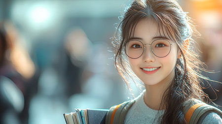 A cheerful young woman in glasses holding books, illuminated by sunlight in an outdoor setting. She exudes positivity and approachability while standing in a casual environment.の素材