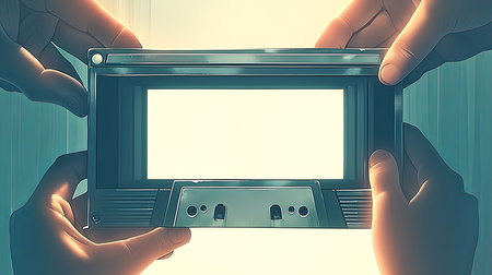 Close-up of hands holding a retro device, evoking a sense of nostalgia and vintage charm. The image focuses on the intricate yet classic design of the object, highlighting its technological simplicity.の素材